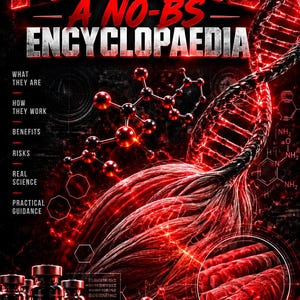 Può includere: Una copertina di libro intitolata PEPTIDES A NO-BS ENCYCLOPAEDIA con una doppia elica di DNA rossa, strutture molecolari e formule chimiche. Il testo elenca argomenti come cosa sono, come funzionano, benefici, rischi, scienza reale e guida pratica. Piccole fiale di vetro e una siringa sono visibili in basso.
