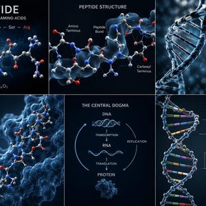 May include: A scientific infographic featuring molecular structures of peptides and DNA. It displays chemical formulas, the central dogma of biology, and labeled diagrams of amino acid chains, double helix structures, and biological functions on a dark background.