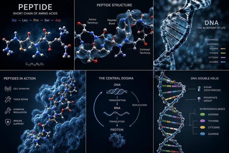 May include: A scientific infographic featuring molecular structures of peptides and DNA. It displays chemical formulas, the central dogma of biology, and labeled diagrams of amino acid chains, double helix structures, and biological functions on a dark background.