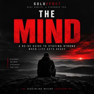 May include: A book cover titled THE MIND: A NO-BS GUIDE TO STAYING STRONG WHEN LIFE GETS HEAVY by SOLOFFORT. It features a person sitting on a dark rock overlooking a landscape at sunset with red and black tones and the text CLEARER CALMER STRONGER FURTHER.