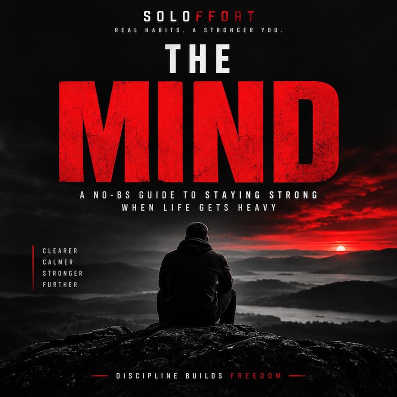 May include: A book cover titled THE MIND: A NO-BS GUIDE TO STAYING STRONG WHEN LIFE GETS HEAVY by SOLOFFORT. It features a person sitting on a dark rock overlooking a landscape at sunset with red and black tones and the text CLEARER CALMER STRONGER FURTHER.