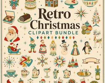 Retro kerstclipartbundel, 50 PNG-afbeeldingen in mid-century modern stijl voor kaarten, stickers en kerstversieringen, digitale download voor commercieel gebruik.