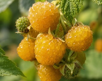 May include: A cluster of ripe golden yellow raspberries attached to a green stem with textured leaves. The berries feature a bumpy, spherical surface with some smaller, unripe green berries visible among the mature yellow fruit.