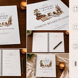 May include: A white wire-o bound vision board planner with a watercolor illustration of books, plants, and a mug on the cover. The text reads Creatively Chaotik Vision Board Planner. Features include 130# cover cardstock, 100# text paper, and double-sided pages.