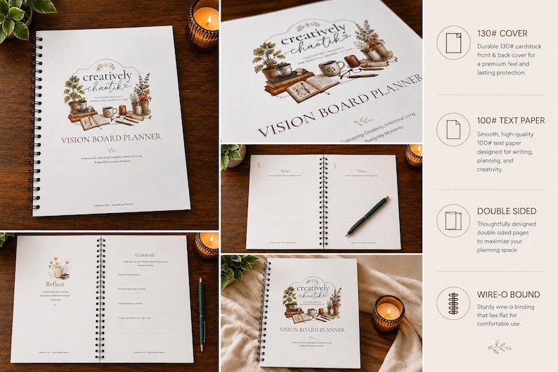 May include: A white wire-o bound vision board planner with a watercolor illustration of books, plants, and a mug on the cover. The text reads Creatively Chaotik Vision Board Planner. Features include 130# cover cardstock, 100# text paper, and double-sided pages.