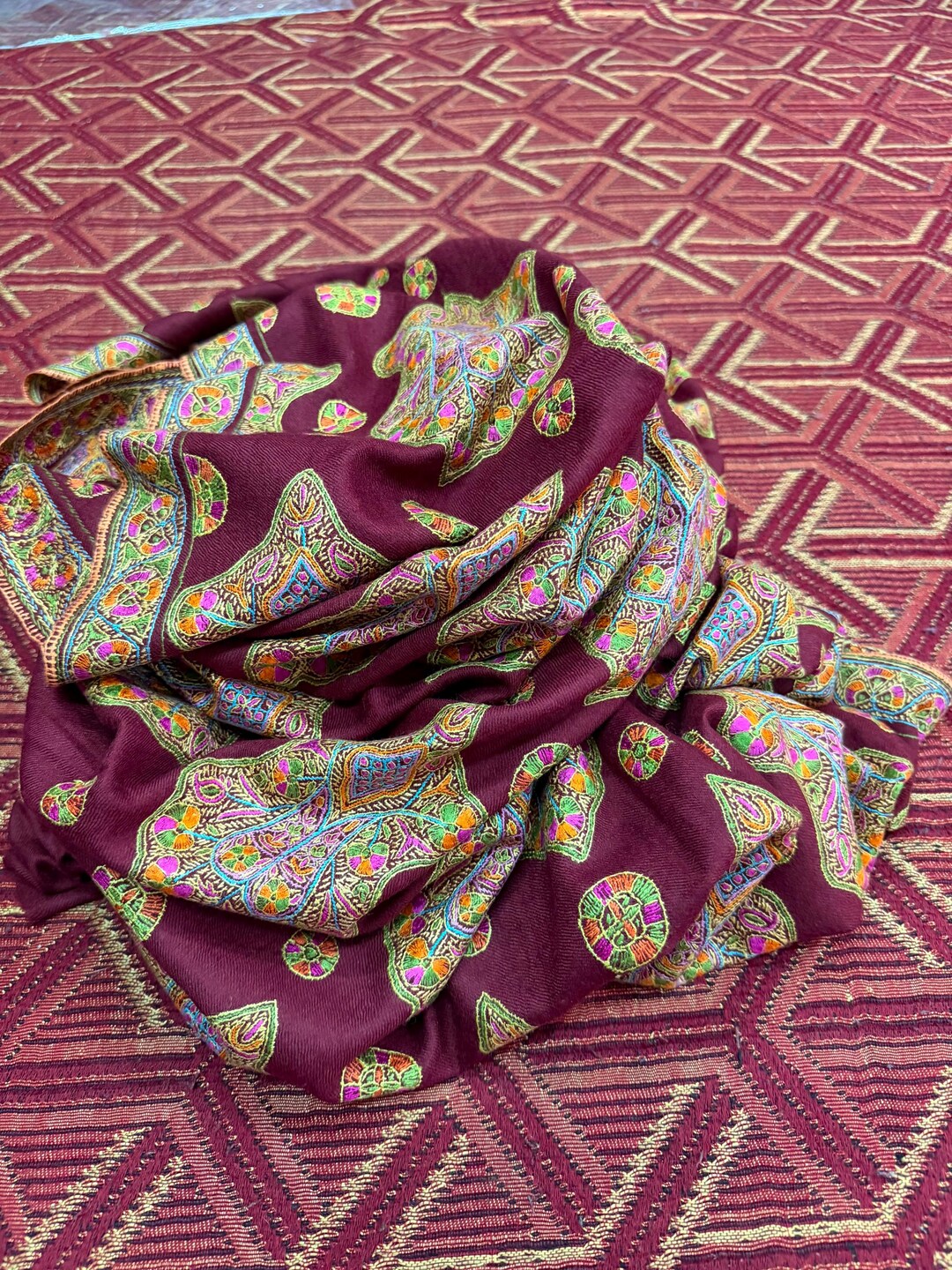 Maroon Silk Dupatta, Embroidered Boota Shawl, Wool Blend Pashmina Wrap ...