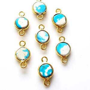 Natural Turquoise Smooth Coin Shape Gold Plated bezel Connector, 925 sterling Silver Charm 5 Piece Double Loop connector, 5X7 mm Size Approx