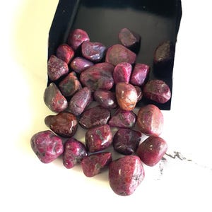 Könnte beinhalten: Eine Sammlung von getrommelten Rubin-Edelsteinen in verschiedenen Schattierungen von tiefem Rot, Magenta und Kastanienbraun. Die Steine haben eine glatte, polierte Textur und fallen aus einer schwarzen Metallschaufel auf eine weiße Oberfläche.