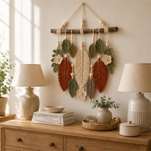 Boho Macramé Feather Wall Hanging CROCHET PATTERN PDF, Woodland Leaf Flower Wall Decor,