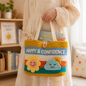 May include: A crocheted tote bag featuring horizontal stripes in yellow, light blue, white, orange, and teal. The bag displays the text HAPPY & CONFIDENCE in white, with a yellow flower and a light blue cloud appliqué, secured by a wooden button.