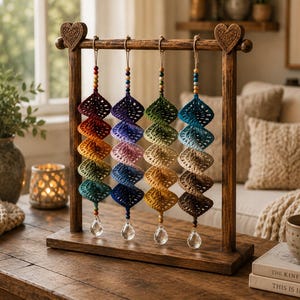 May include: A wooden display stand with heart-shaped accents holds four hanging crochet spiral ornaments. Each ornament features a gradient of yarn colours, small wooden beads, and a clear faceted crystal drop at the bottom of the spiral.