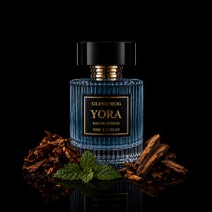 Op de afbeelding: Een glazen parfumfles met verticale ribbels, een zwarte dop en een etiket met de tekst SILENT MOG YORA EAU DE PARFUM 50ML | 1.7 FL.OZ. De fles is omringd door gedroogde bruine tabaksbladeren, groene muntblaadjes en kleine stukjes hout.