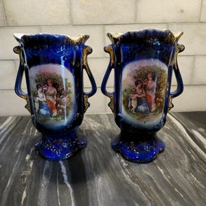 Set of 2 Antique Cobalt Blue Staffordshire-style Handpainted Porcelain Vases with Gold Accents