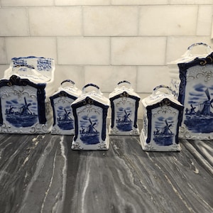 Vintage Delftware Blue Onion Salt Box and Pantry Cannisters