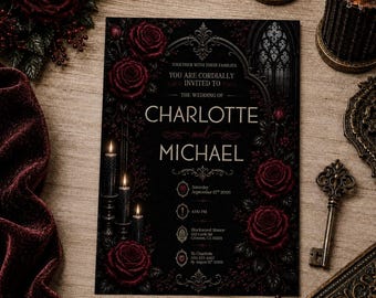 Puede incluir: Una tarjeta de invitación de boda negra con rosas de color rojo oscuro, arcos góticos y velas encendidas. El texto dice: Together with their families you are cordially invited to the wedding of Charlotte and Michael, Saturday September 27th 2026, 4:00 PM, Blackwood Manor, 123 Castle Rd, Crimson, CA 94821.