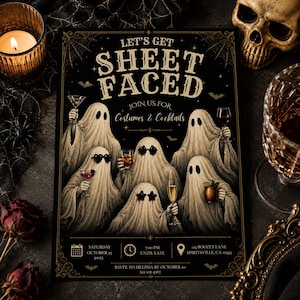Może przedstawiać: Czarne zaproszenie na imprezę Halloween z pięcioma duchami trzymającymi koktajle i tekstem LET'S GET SHEET FACED, JOIN US FOR Costumes & Cocktails, Saturday October 25 2025, 7:00 PM UNTIL LATE, 123 BOOZEY LANE SPIRITSVILLE, CA 12345, RSVP TO MELISSA BY OCTOBER 10 555-123-4567.