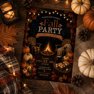 May include: A rectangular invitation card for a Fall Party featuring a bonfire, wooden chairs, pumpkins, and s'mores. The text reads: Please join us for a Fall Party, October Saturday 25 2026 at 6:00 PM, 123 Maple Lane, Anytown, CA 12345.