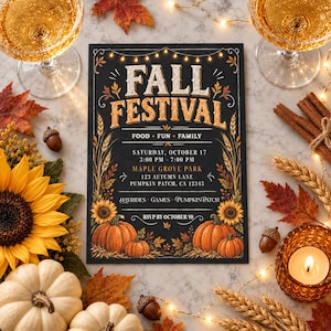 May include: A rectangular Fall Festival invitation card with a black background, featuring white and orange text, illustrations of pumpkins, sunflowers, and wheat. The text reads: FALL FESTIVAL, FOOD FUN FAMILY, SATURDAY, OCTOBER 17, 3:00 PM - 7:00 PM, MAPLE GROVE PARK, 123 AUTUMN LANE, PUMPKIN PATCH, CA 12345, HAYRIDES GAMES PUMPKIN PATCH, RSVP BY OCTOBER 10.