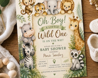 Jungle Baby Shower Invitation | Watercolor Safari Animals, Wild One Theme (Editable Canva)