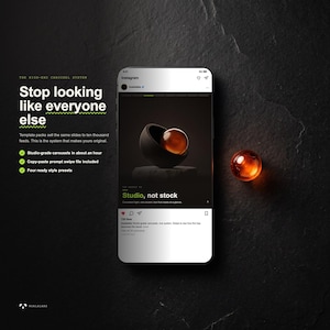 May include: A smartphone displaying an Instagram feed with text that reads: THE HIGH-END CAROUSEL SYSTEM, Stop looking like everyone else, Studio, not stock. A glowing amber sphere sits next to the phone on a dark, textured, slate-like surface.