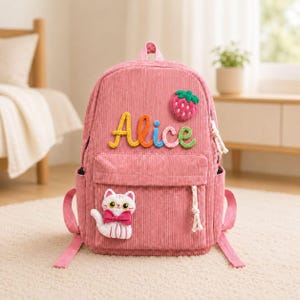 Personalized Corduroy Backpack, Custom Yarn Name Kids School Bag, Bear Rainbow Patches