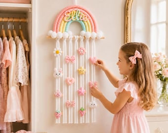 Soporte personalizado para pinzas de pelo con forma de arcoíris, organizador de lazos con nombre personalizado, decoración para la habitación de niñas