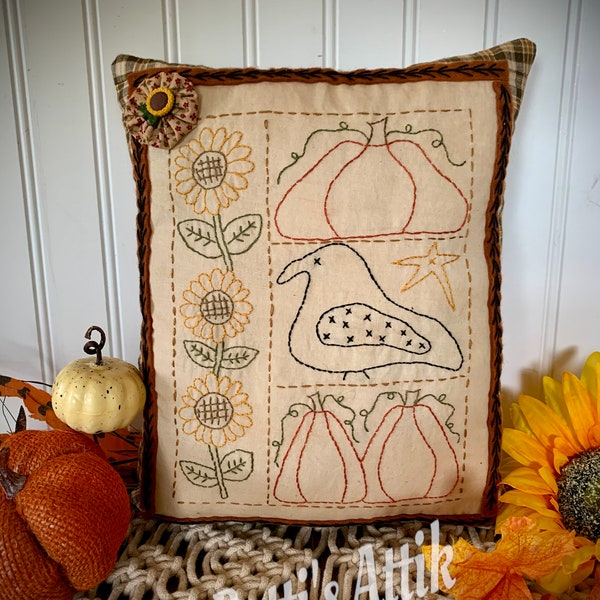 Handstitched Primitive Fall Pillow, 10" x 12"