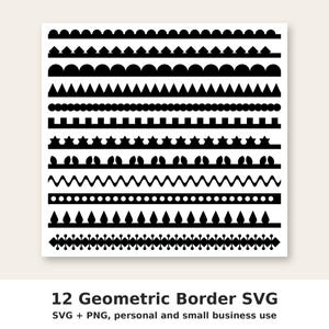 May include: A digital graphic file containing 12 distinct black geometric border designs arranged in horizontal rows. The patterns include scallops, triangles, circles, squares, stars, leaves, zigzags, dots, and diamonds on a white background.