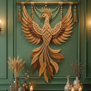 Macrame Phoenix Wall Hanging, Textured Boho Fiber Art, Cream Red Accents