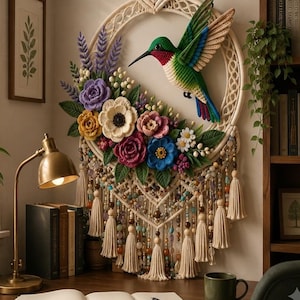 May include: A circular macrame wall hanging featuring a central green, red, and blue hummingbird surrounded by crocheted flowers in shades of purple, yellow, white, and blue. The piece includes hanging tassels and beads in various earth tones.