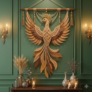 Macrame Phoenix Wall Hanging, Textured Boho Fiber Art, Cream Red Accents