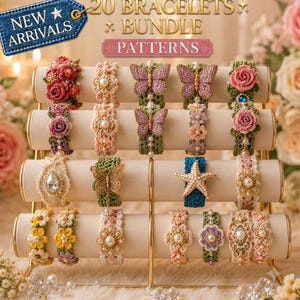 May include: A bundle of 20 bracelets displayed on a four-tiered beige stand. The bracelets feature crochet floral designs, butterfly motifs, a starfish, and pearl accents in various colors including pink, green, blue, and yellow. Text reads NEW ARRIVALS 20 BRACELETS BUNDLE PATTERNS.