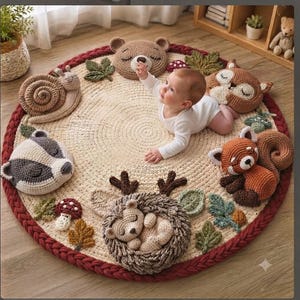 Könnte beinhalten: Eine runde, cremefarbene Häkel-Spielmatte mit einem dicken, geflochtenen dunkelroten Rand. Die Matte ist mit verschiedenen gehäkelten Waldtierfiguren verziert, darunter ein Bär, ein Fuchs, ein Dachs, ein Igel und eine Schnecke sowie kleine Blätter und Pilze.