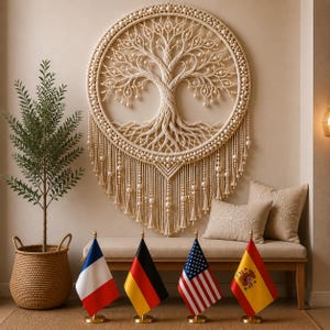 May include: A large circular macrame wall hanging featuring an intricate tree of life design with braided cord branches, roots, and integrated white beads. Below, four small desk flags represent France, Germany, the United States, and Spain.