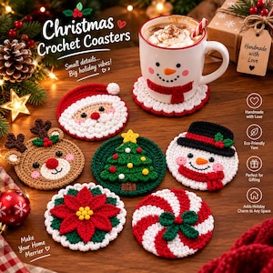 Häkelanleitung für weihnachtliche Schneemann-Untersetzer, 5-in-1-Weihnachts-Tassenuntersetzer (Digitaler Download)