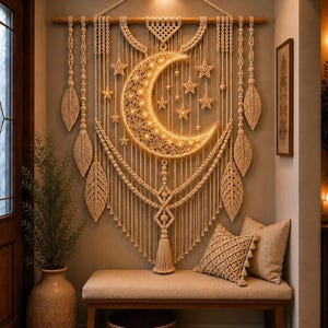 Könnte beinhalten: Ein großer Makramee-Wandbehang mit einem zentralen, beleuchteten Halbmond und mehreren Sternformen, die an einer Holzstange hängen. Das Design umfasst komplexe Knotenmuster, hängende Fransen und mehrere blattförmige Makramee-Akzente.