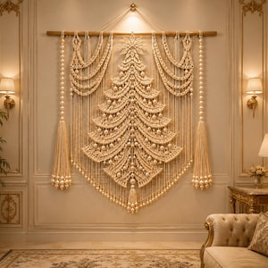 May include: A large cream-colored macrame wall hanging shaped like a Christmas tree, suspended from a wooden rod. The design features intricate knotted patterns, draped side sections, and long tassels on both ends, accented with round beads.