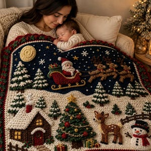 Peut inclure: Une couverture en crochet rectangulaire présentant un ciel nocturne bleu foncé avec une lune jaune, le Père Noël dans un traîneau rouge tiré par des rennes, et un paysage enneigé avec un chalet brun, un sapin décoré, un cerf et un bonhomme de neige.