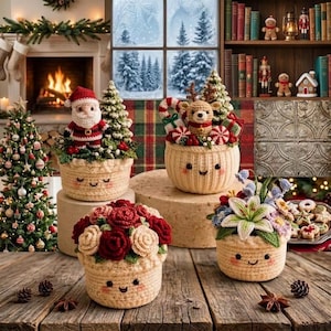 May include: Four crocheted baskets with smiling faces, each containing different arrangements: one with a Santa Claus and pine tree, one with a reindeer and candy canes, one with red and cream roses, and one with white lilies and blue flowers.