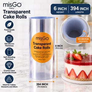 Puede incluir: Un rollo de acetato transparente de PVC apto para alimentos con una altura de 15,2 cm y una longitud de 10 metros. El material tiene un grosor de 100 micras y un acabado transparente. Etiquetado como misGo Transparent Cake Rolls.