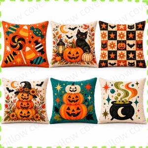 May include: A set of six square scatter cushions featuring Halloween themes. Designs include sweets, a black cat with a pumpkin and lantern, a checkered pattern with bats and pumpkins, a stack of jack-o'-lanterns, and a bubbling cauldron.