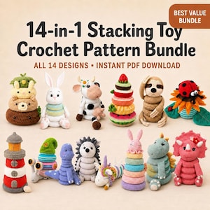 14-in-1 Crochet Stacking Toy Pattern Bundle, Montessori Stacking Rings, Animal Amigurumi & Unicorn Crochet, Instant PDF Download