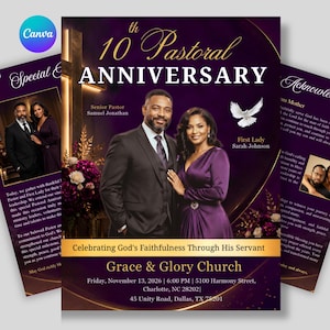 May include: A purple and gold event flyer for a 10th Pastoral Anniversary at Grace & Glory Church. It features a photograph of a man and woman, a cross, and a white dove. Text includes event details, names, and the date November 13, 2026.