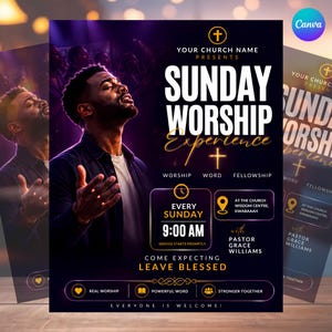May include: A church event flyer titled Sunday Worship Experience featuring a man with hands raised in prayer. Text includes Your Church Name, 9:00 AM, At The Church Wisdom Centre, Kwabaaah, with Pastor Grace Williams, and Come Expecting Leave Blessed.