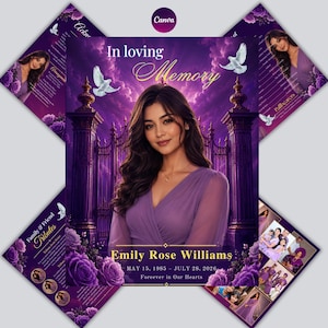 Puede incluir: Una plantilla de programa funerario con el retrato de una mujer con vestido morado, sobre un cielo morado con puertas ornamentadas y palomas blancas. El texto incluye In loving Memory, Emily Rose Williams, 15 de mayo de 1985 - 28 de julio de 2026.