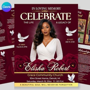 Modelo de Programa Funerário | Livreto Memorial Editável | Celebração da Vida em Tons de Bordô e Dourado (Download Imediato)