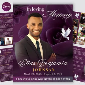 Könnte beinhalten: Eine Trauerprogramm-Vorlage mit dem Porträt eines lächelnden Mannes im Anzug vor einem tiefvioletten Hintergrund mit einer großen Rose und einer weißen Taube. Der Text enthält In loving Memory, Elias Benjamin Johnsan und die Daten 2000-2026.