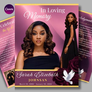 Può includere: Un modello di programma funebre con uno sfondo sfumato rosa con il testo In Loving Memory, Sarah Elizabeth Johnsan, e le date 23 marzo 2000 - 22 gennaio 2026. Include un ritratto, un'immagine a figura intera e delle colombe bianche.