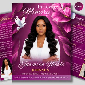 Può includere: Un modello di programma funebre con il ritratto di una persona con lunghi capelli scuri che indossa un blazer bianco. Il design presenta sfondi viola intenso, grandi fiori rosa, una colomba bianca e il testo In Loving Memory, Jasmine Nicole Johnson.
