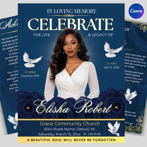 Può includere: Un modello di programma funebre con sfondo blu intenso, dettagli dorati, colombe bianche e rose blu scuro. Il testo recita IN LOVING MEMORY, CELEBRATE THE LIFE & LEGACY OF, Elisha Robert, SUNRISE March 10, 1998, SUNSET July 10, 2026.